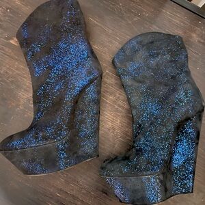 Giuseppe Zanotti Must See Blue Black Shimmer Glitter Sparkle Angle Wedge Boot 37
